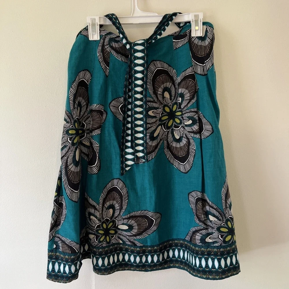 East 5th A-Line Skirt Sz 10 Boho Linen Blend Teal Floral Belt Pleated‎ Tie Belt
